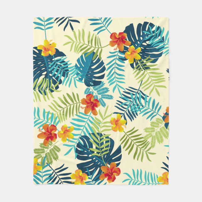 Tropical Monstera Hibiskus Summer Pattern Fleecedecke (Vorderseite)