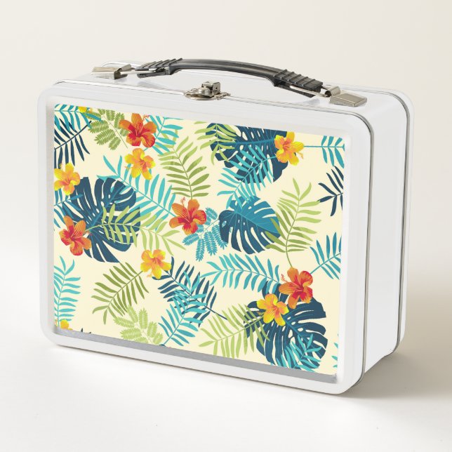 Tropical Monstera Hibiskus Summer Pattern Metall Brotdose (Vorderseite)