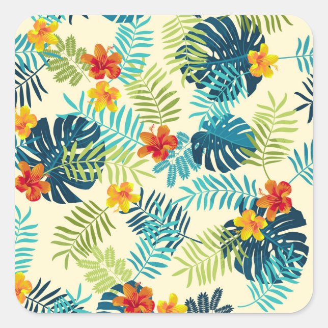 Tropical Monstera Hibiskus Summer Pattern Quadratischer Aufkleber (Vorderseite)