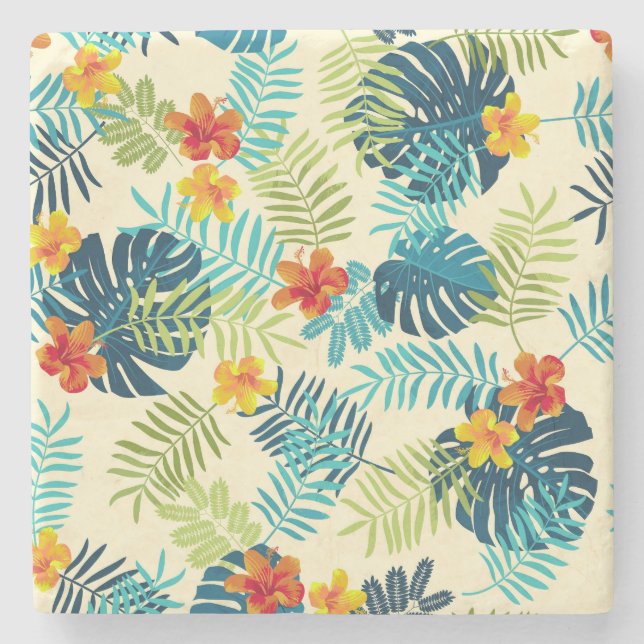 Tropical Monstera Hibiskus Summer Pattern Steinuntersetzer (Vorderseite)