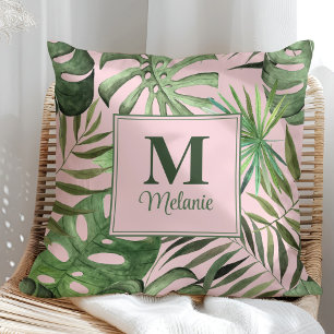 Tropical Monstera Individuelle Name und Initial Kissen