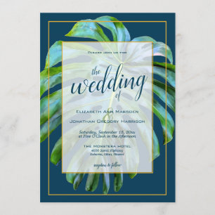Tropical Monstera Leaf Dark Blue Gold Wedding Einladung