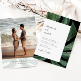 Tropical Monstera Leaf Destination Wedding Photo Einladung