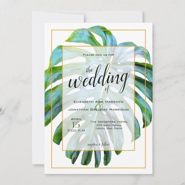 Tropical Monstera Leaf Fotografie Gold Wedding Einladung (Vorderseite)