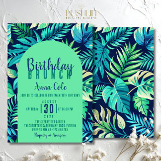 Tropical Monstera Leaf Pastel Grün und Blau Einladung