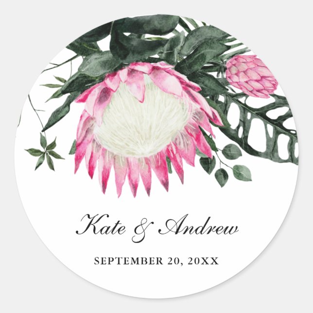 Tropical Monstera Leaf | Protea Floral Wedding Runder Aufkleber (Vorderseite)