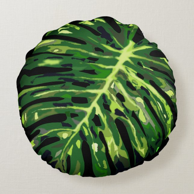 Tropical Monstera Leaf - Wählen/Hinzufügen Ihrer F Rundes Kissen (Rückseite)