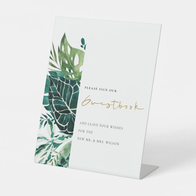 Tropical Monstera Leafy Wedding Guestbook Sign Sockelschild (Vorderseite)