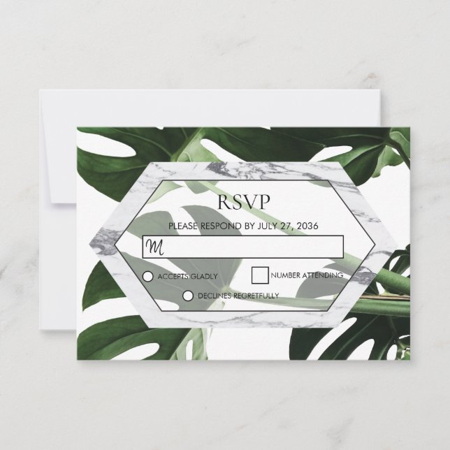 Tropical Monstera Marble Wedding RSVP Cards Karte (Vorderseite)