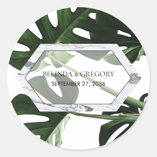 Tropical Monstera Marble Wedding Runder Aufkleber (Vorderseite)