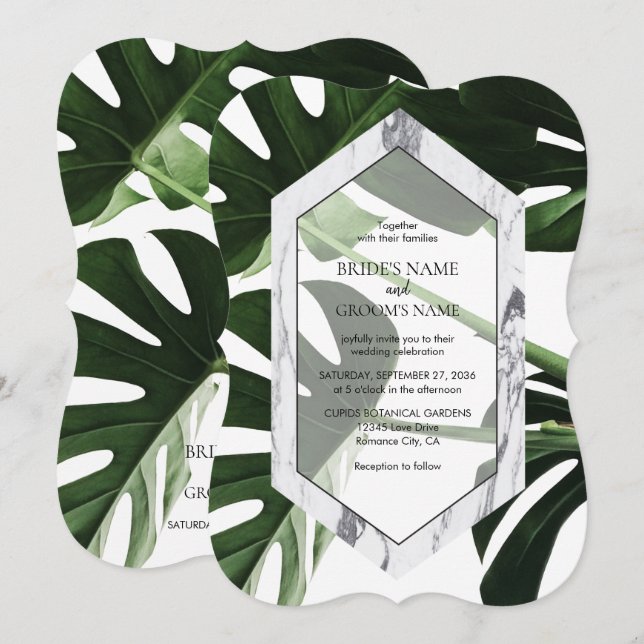 Tropical Monstera Marmor Hochzeitseinladungen Einladung (Vorne/Hinten)