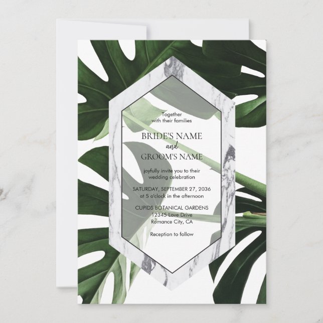 Tropical Monstera Marmor Hochzeitseinladungen Einladung (Vorderseite)