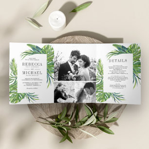 Tropical Monstera Palm Foto Collage Hochzeit Dreifach Gefaltete Einladung