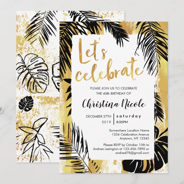 Tropical Monstera Palm Gold Black Feiern Einladung (Vorne/Hinten)