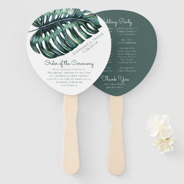Tropical Monstera Palm Leaf Hochzeitsprogramm Fächer (Vorne und Hinten)