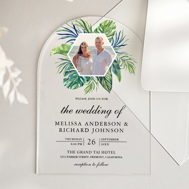 Tropical Monstera Palm Leaves Photo Wedding Acryleinladungen (Von Creator hochgeladen)