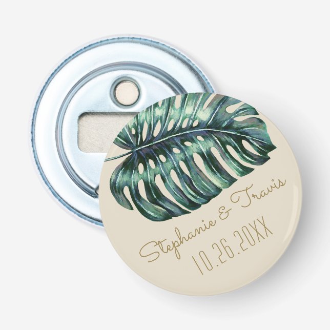 Tropical Monstera Palm Wedding Date Favor Magnet Flaschenöffner (Vorderseite)