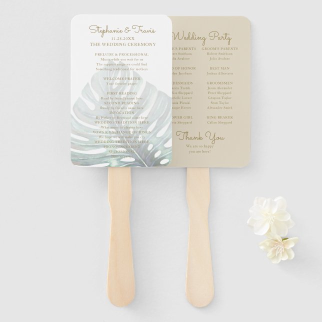Tropical Monstera Tan Wedding Program Hand Fan Fächer (Vorne und Hinten)