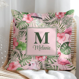 Tropical Monstera und Flamingo Monogram Kissen