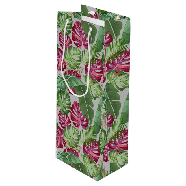 Tropical Monstera und Palm Blätter Geschenktüte Für Weinflaschen (Vorderseite Schrägansicht)