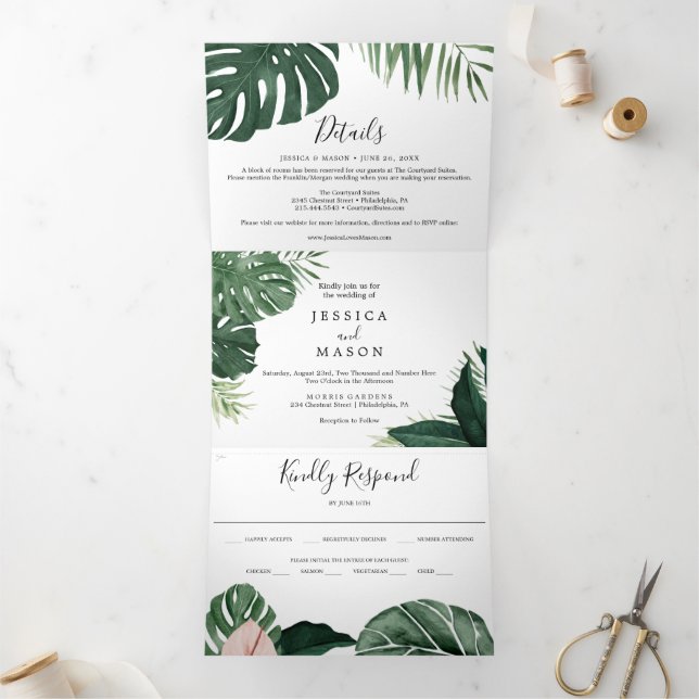 Tropical Monstera Wedding Tri-Fold Einladungen (Innenseite)