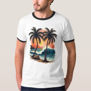 Tropical Monterey Beach Tattoo Art Design Ringer T-Shirt