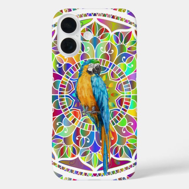 Tropical Mosaic – Blue & Gold Macaw Mandala iPhone 16 Hülle (Rückseite)