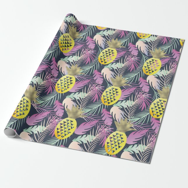 Tropical Multicolor Palm Blätter Gold Ananas Geschenkpapier (Ungerollt)