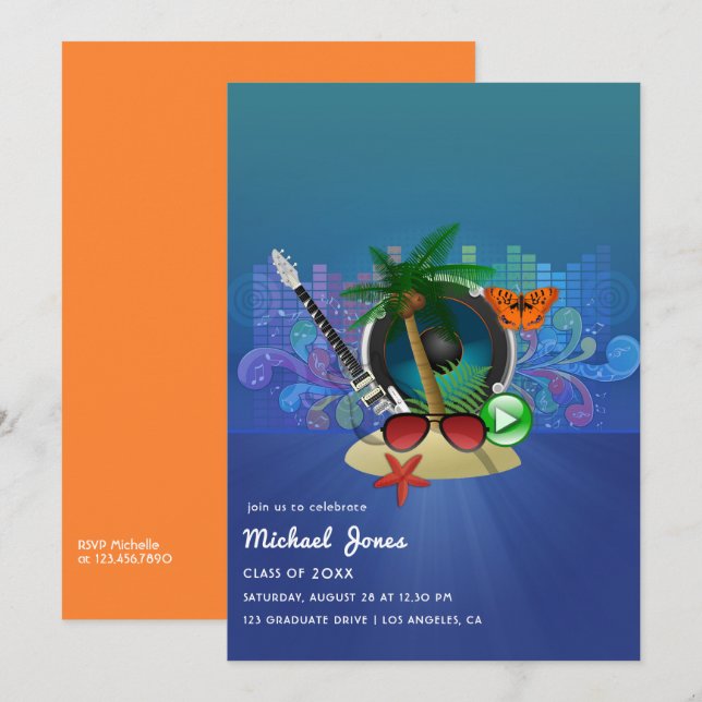 Tropical Music Fest Island Graduation Party Invita Einladung (Vorne/Hinten)