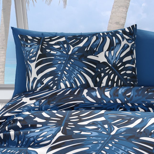Tropical Navy Blauer Dschungel Blätter Kissenbezug (Navy blue palm leaves pattern pillow case)