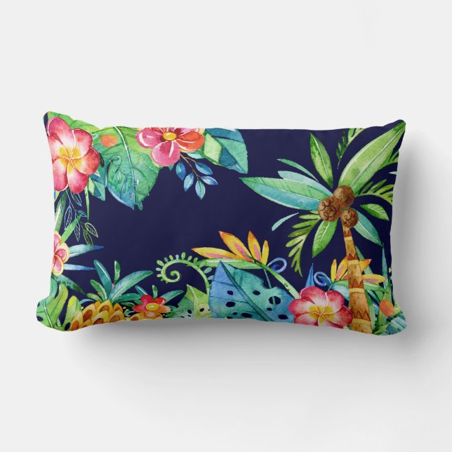 Tropical Navy Blauer Palm Bäume & Floral Wasserfar Lendenkissen (Vorderseite)