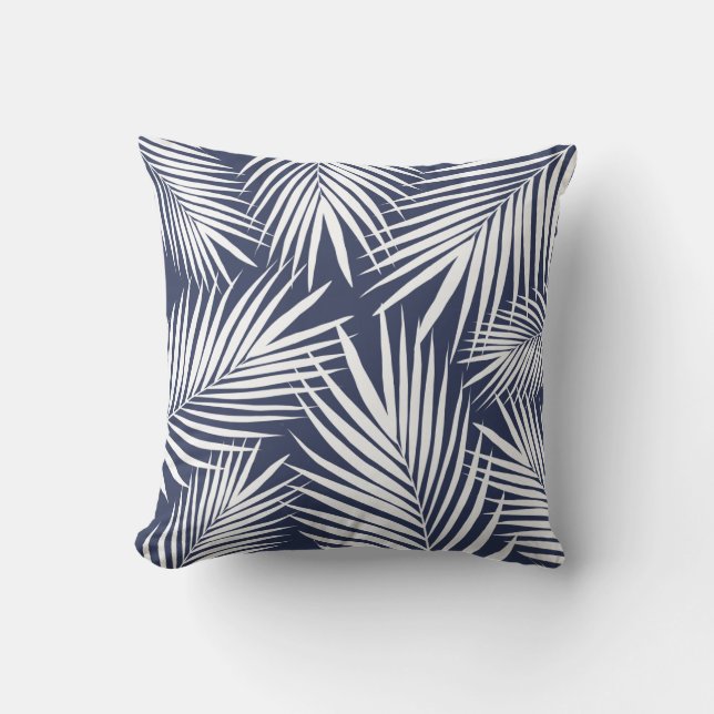 Tropical Navy Blauer Palm Blätter Outdoor Pillo Kissen (Vorderseite)