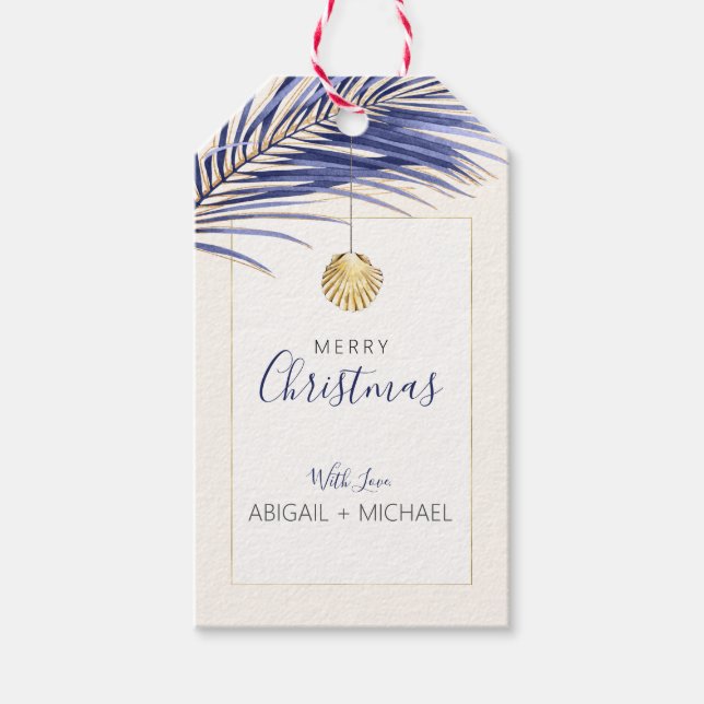 Tropical Navy Blue and Gold Palm Tree Weihnachten Geschenkanhänger (Vorderseite)