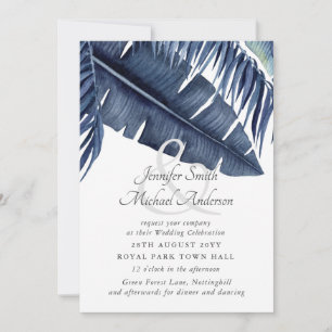 Tropical Navy Blue Blätter Weddingpaare lädt ein