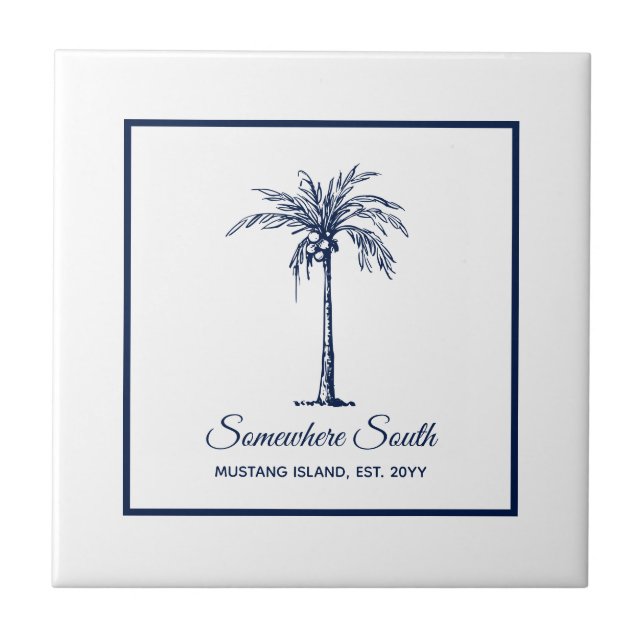 Tropical Navy Blue White Palm Tree Custom Fliese (Vorderseite)