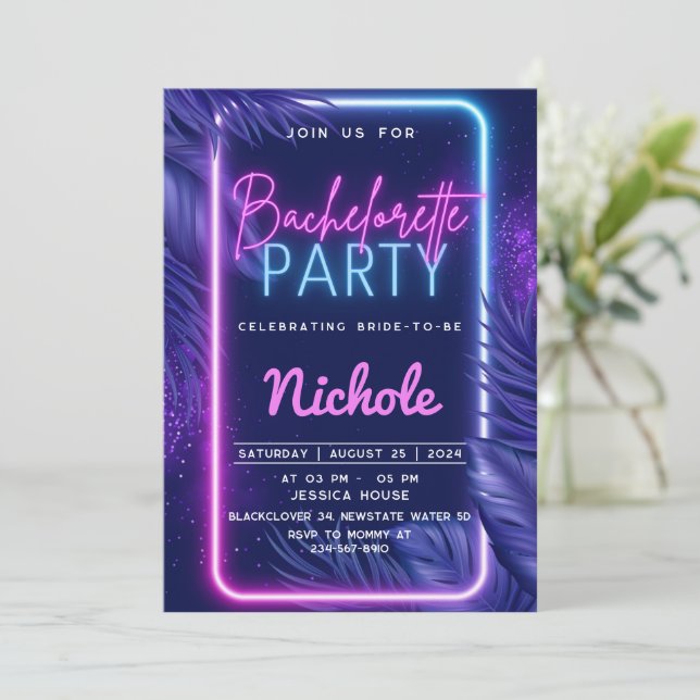 Tropical Neon Bachelorette Einladung Party (Stehend Vorderseite)