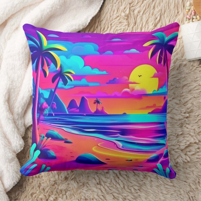Tropical Neon Beach Sunset Art Kissen (Decke)