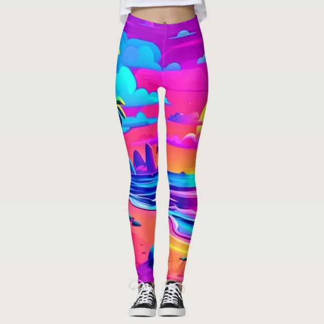 Tropical Neon Beach Sunset Art Leggings (Vorderseite)