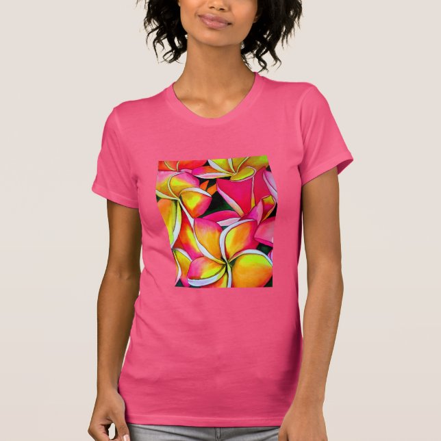 Tropical Neon Frangipani Blume Originale Kunst T-Shirt (Vorderseite)