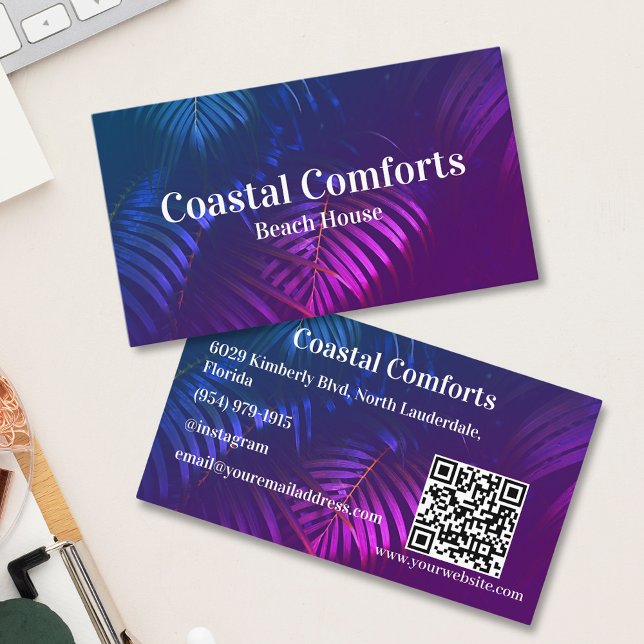 Tropical Neon Vacation Rental Business Card Visitenkarte (Von Creator hochgeladen)