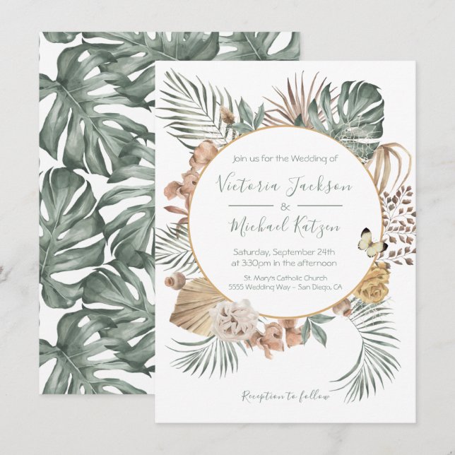 Tropical Oasis Modern Palm Wreath Wedding Einladung (Vorne/Hinten)