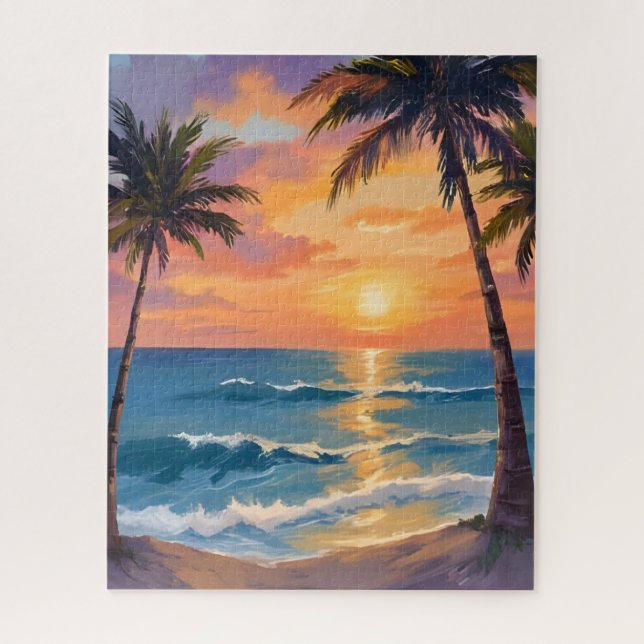 Tropical Ocean Sunset Palm Tree Watercolor (Vertikal)
