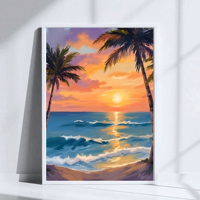 Tropical Ocean Sunset Palm Tree Watercolor Poster (Von Creator hochgeladen)
