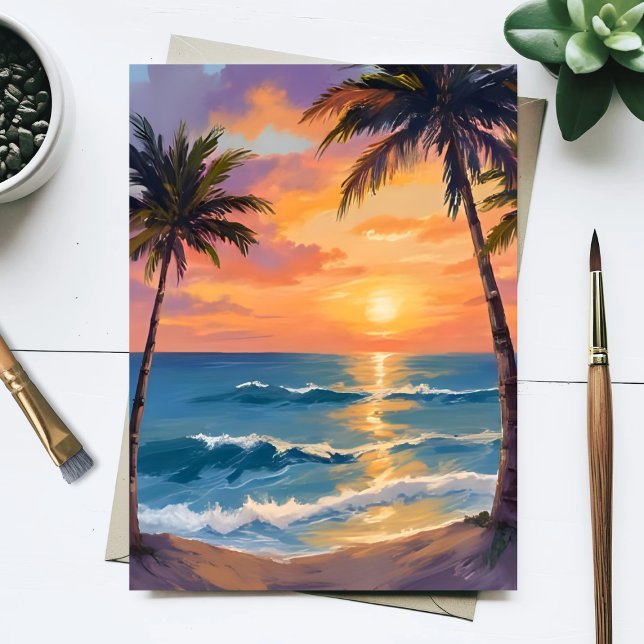 Tropical Ocean Sunset Palm Tree Watercolor Postkarte (Von Creator hochgeladen)
