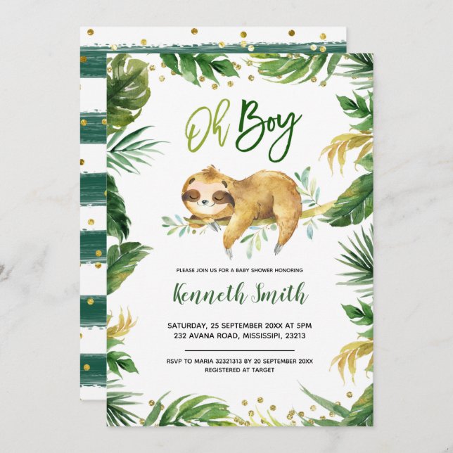 Tropical Oh Boy Sloth Baby shower Invitation (Devant / Derrière)