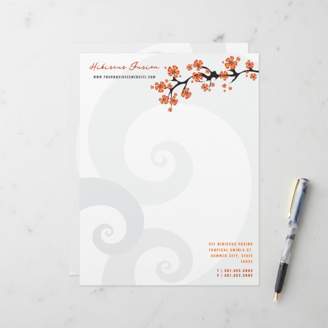 Tropical Orange Hibiskus Blume Fusion Grau Wirbel Briefkopf (Vorderseite/Rückseite Beispiel)