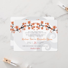 Tropical Orange Hibiskus Fusion Gray Swirl Wedding Einladung