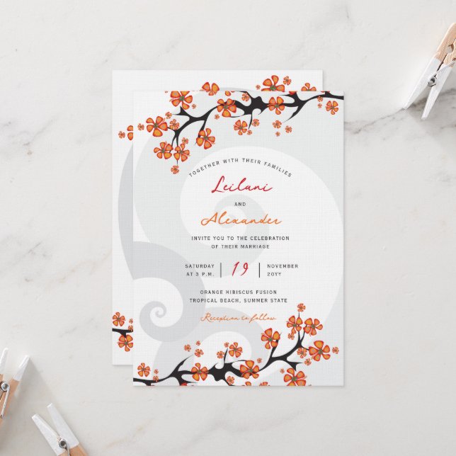 Tropical Orange Hibiskus Fusion Gray Swirl Wedding Einladung (Vorderseite/Rückseite Beispiel)