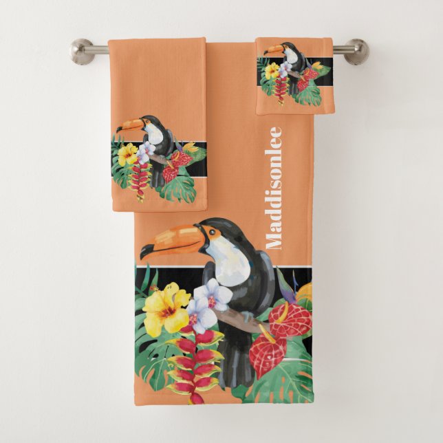 Tropical Orange Monogramme Nom Salle de bain Touca (En situation)