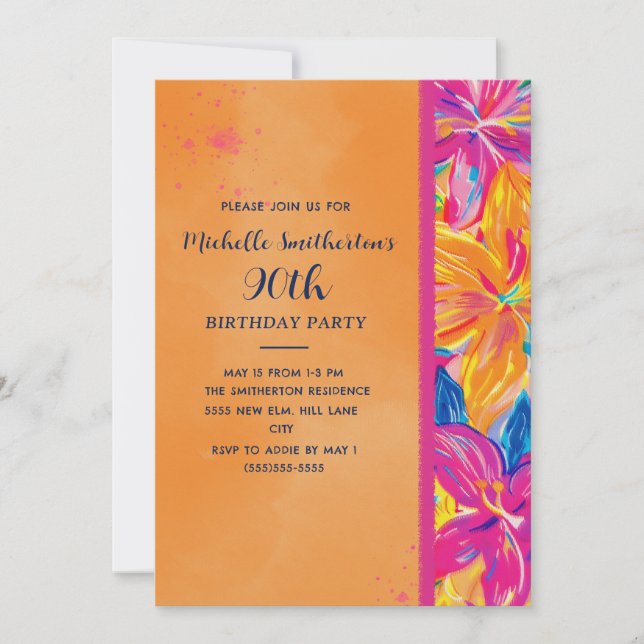 Tropical Orange Pink Floral 90th Birthday Einladung (Vorderseite)
